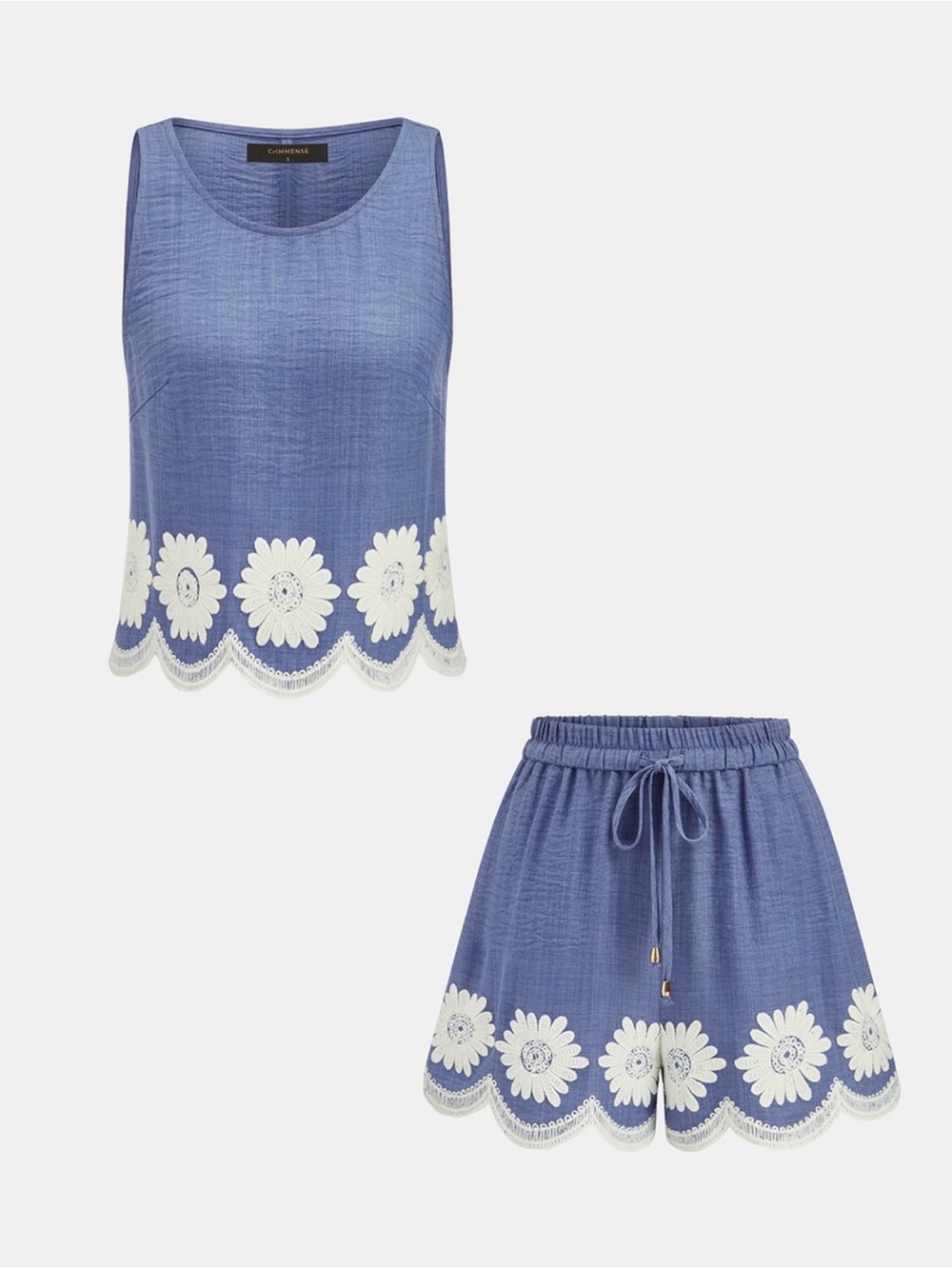 Commense Blue Sleeveless Top and Shorts Set with White Floral Trim